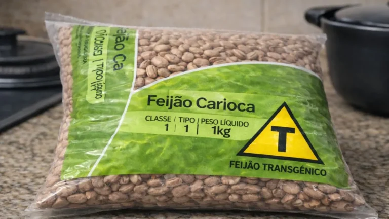 Pacote De Feijão Carioca Com Identificação De Alimento Transgênico E Símbolo T Destacado Na Embalagem Sobre Bancada De Cozinha