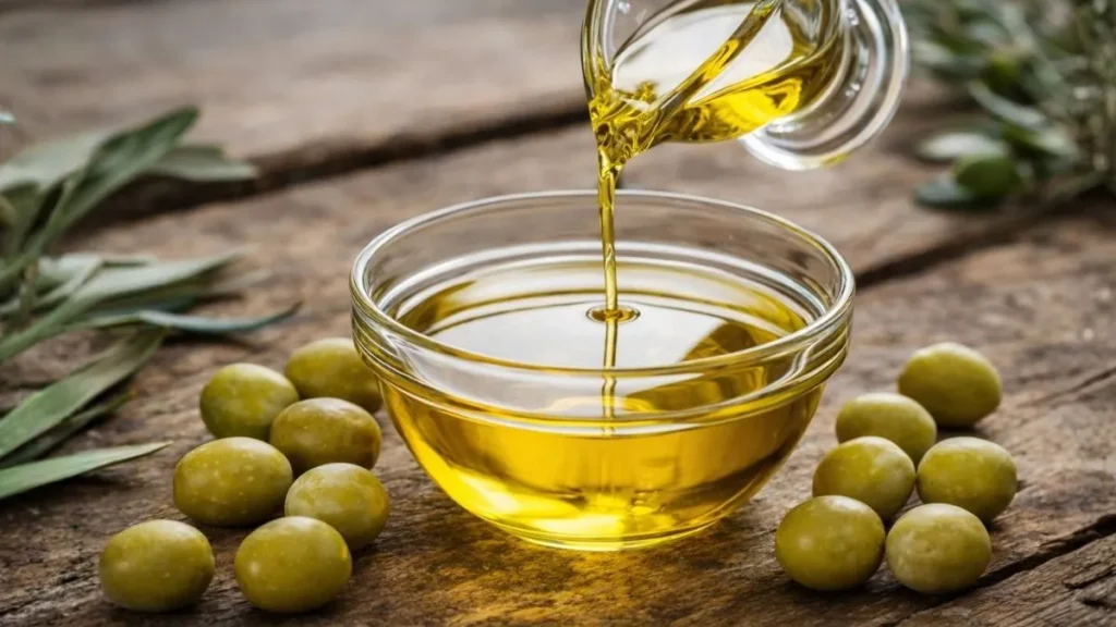 Azeite De Oliva Extravirgem Sendo Servido Em Uma Tigela De Vidro, Com Azeitonas Verdes Ao Redor, Representando O Alimento Em Sua Forma Natural.