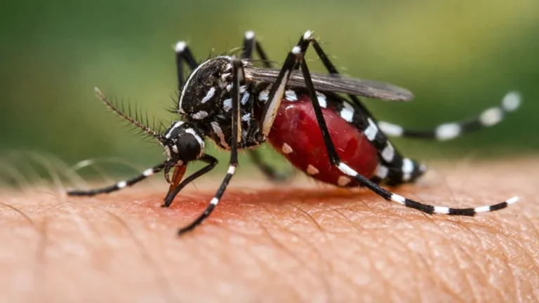 Mosquito Aedes Aegypti Em Close Sobre A Pele Humana, Momento Em Que Ocorre A Picada Responsável Pela Transmissão Da Dengue