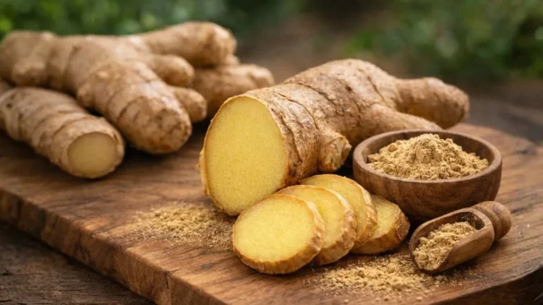 Gengibre Fresco Em Raiz E Fatias Sobre Tábua De Madeira Ao Lado De Recipiente Com Gengibre Em Pó, Em Composição Natural E Iluminada