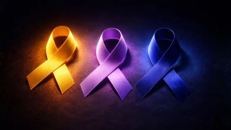 Laços Amarelo, Lilás E Azul-Marinho Sobre Fundo Escuro Representam As Campanhas Março Amarelo, Março Lilás E Março Azul-Marinho De Conscientização Sobre Endometriose, Câncer De Colo Do Útero E Câncer Colorretal.