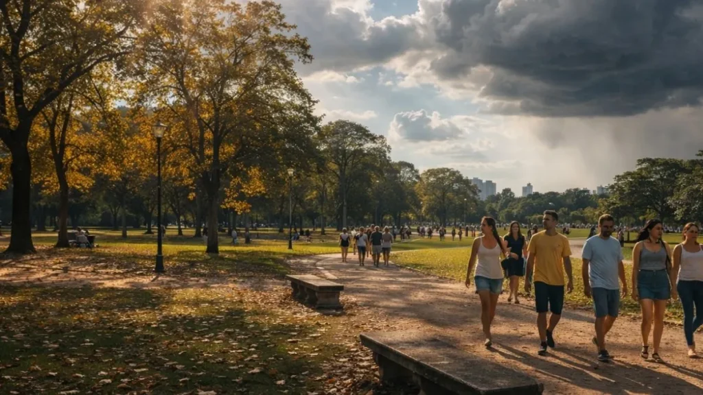 Parque Urbano No Brasil Com Pessoas Caminhando Sob Sol Forte Enquanto Nuvens Carregadas De Chuva Se Aproximam, Representando A Transição Do Verão Para O Outono Com Calor E Instabilidade Climática.