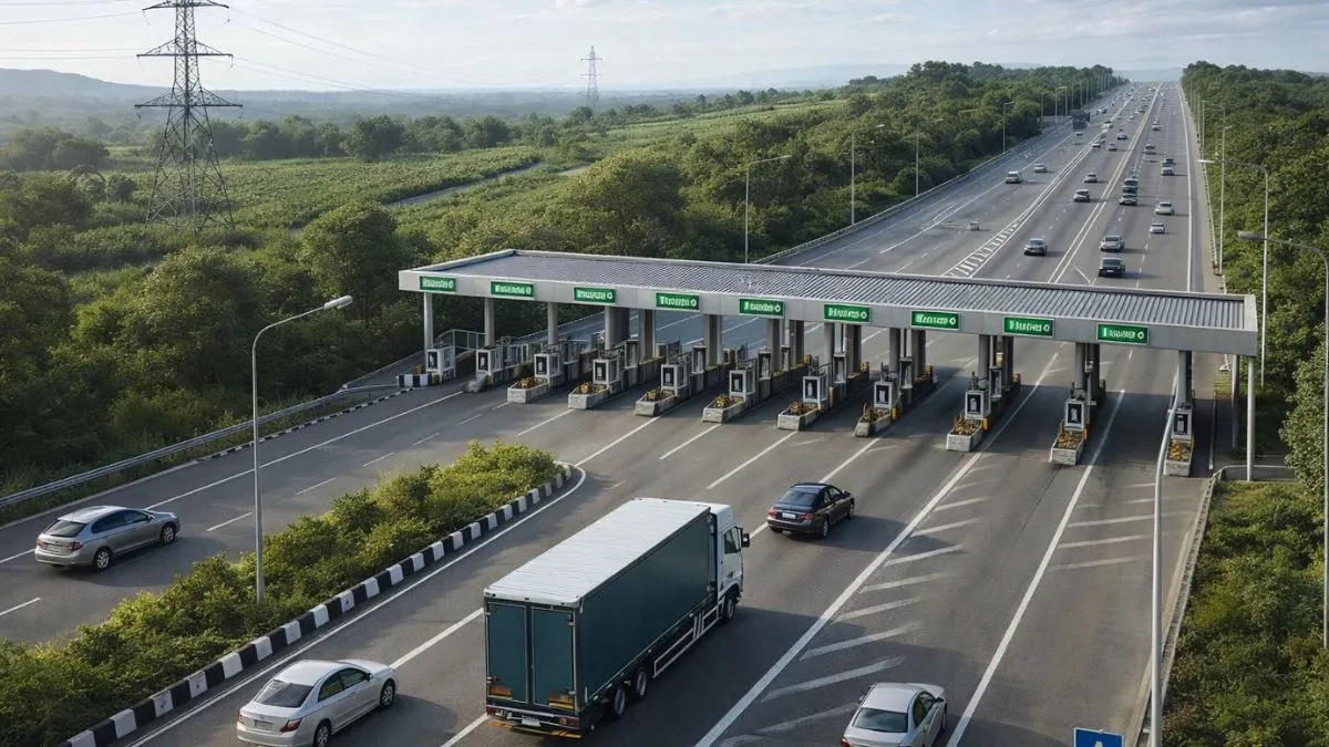 Praça De Pedágio Moderna Em Rodovia Com Múltiplas Faixas, Carros E Caminhão Passando Por Cabines Automáticas Em Meio A Área Verde