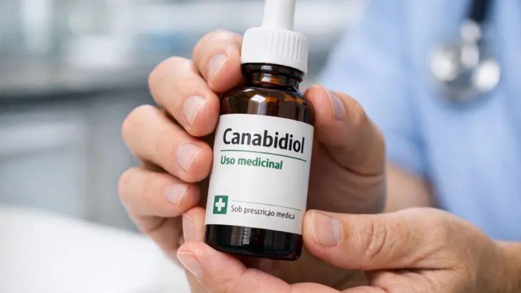 Pessoa Adulta Em Ambiente Clínico Segurando Frasco Médico De Canabidiol Com Rótulo De Uso Medicinal E Indicação De Prescrição Médica