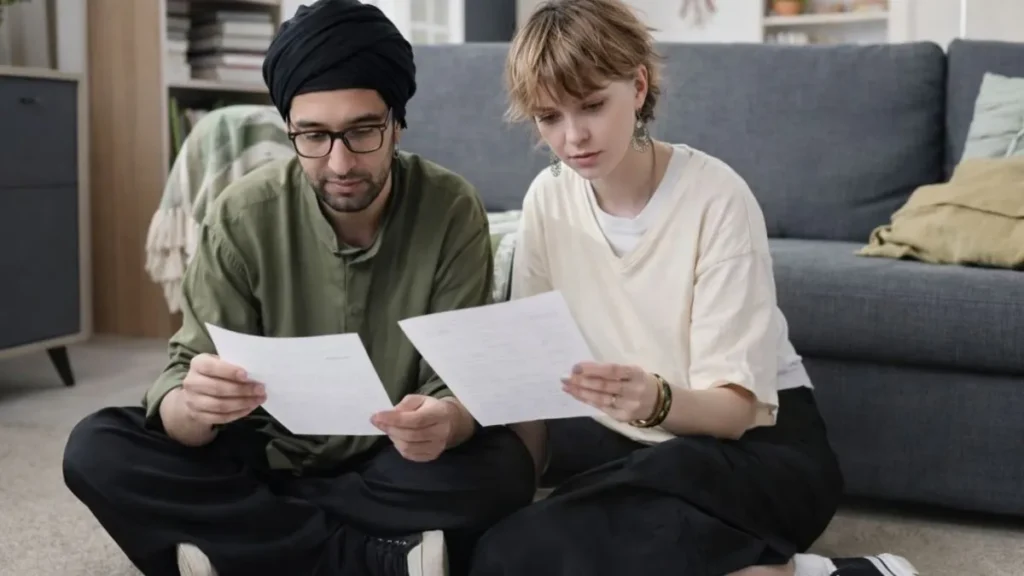 Casal Sentado No Chão De Casa Analisa Contas E Documentos Financeiros No Início Do Ano, Em Ambiente Doméstico.