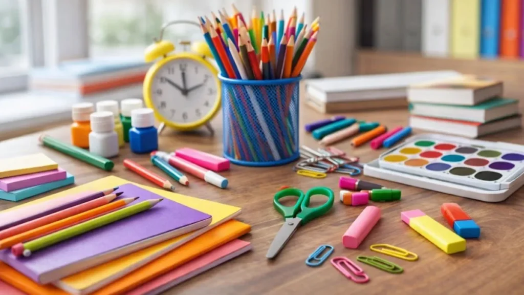 Materiais Escolares Coloridos Organizados Sobre Uma Mesa, Com Cadernos, Lápis, Tintas, Tesoura E Outros Itens De Uso Diário