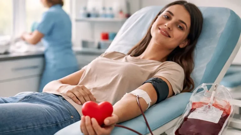 Pessoa Deitada Em Maca Hospitalar Realizando Doação De Sangue Enquanto Aperta Coração De Espuma Durante Coleta Em Hemocentro