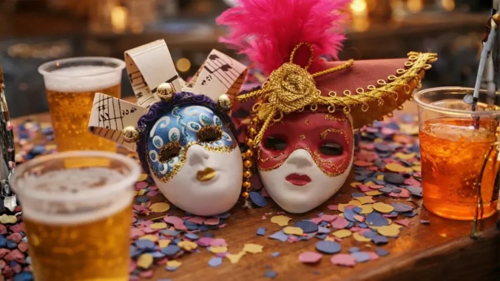 Máscaras De Carnaval Sobre Uma Mesa Com Copos De Bebida E Confetes, Representando O Clima Da Festa E Os Cuidados Necessários Durante A Folia No Brasil
