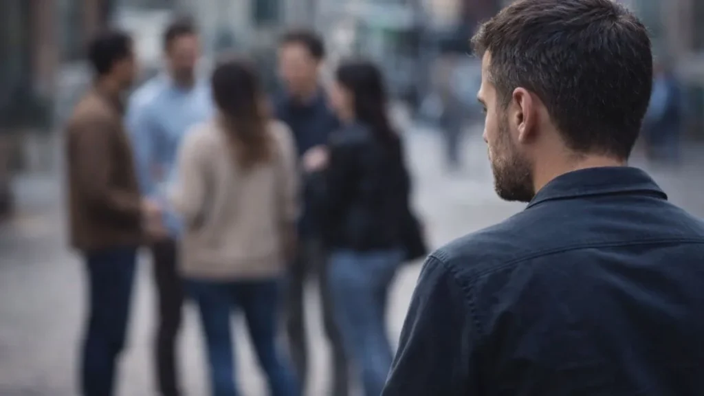 Pessoa Adulta Em Primeiro Plano Observa Um Grupo De Pessoas Ao Fundo Em Ambiente Urbano, Representando Reflexão Sobre Solidão E Convivência Social