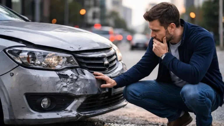 Motorista Analisa Danos Após Colisão Leve Em Carro Urbano, Destacando Risco Financeiro E Importância Do Seguro De Veículos