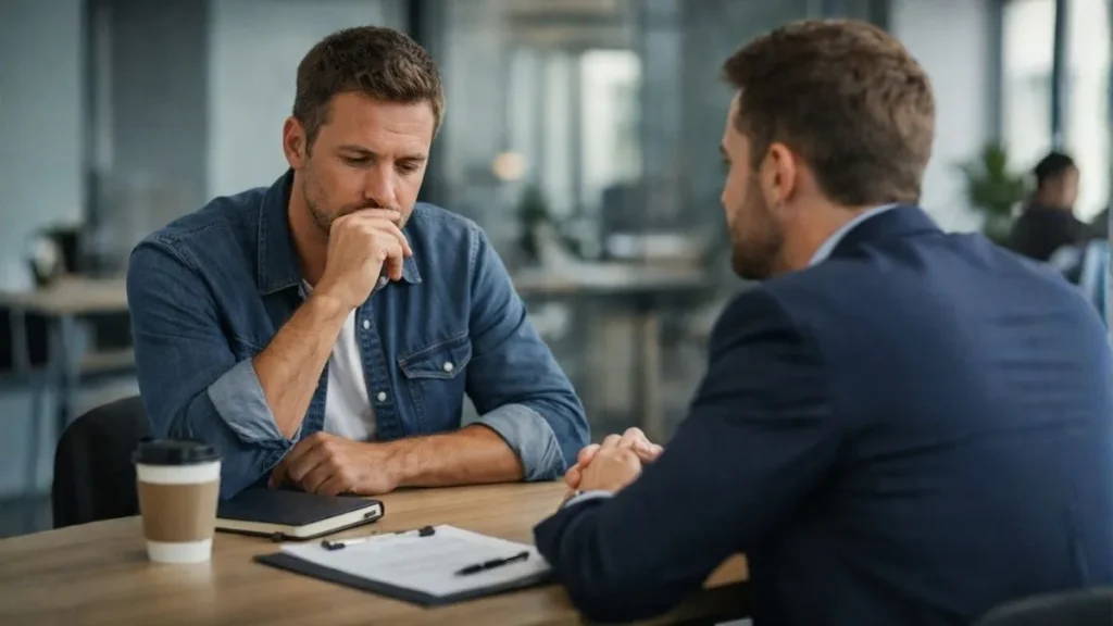 Cliente Indeciso Durante Reunião De Vendas Enquanto Vendedor Aguarda Resposta Na Negociação