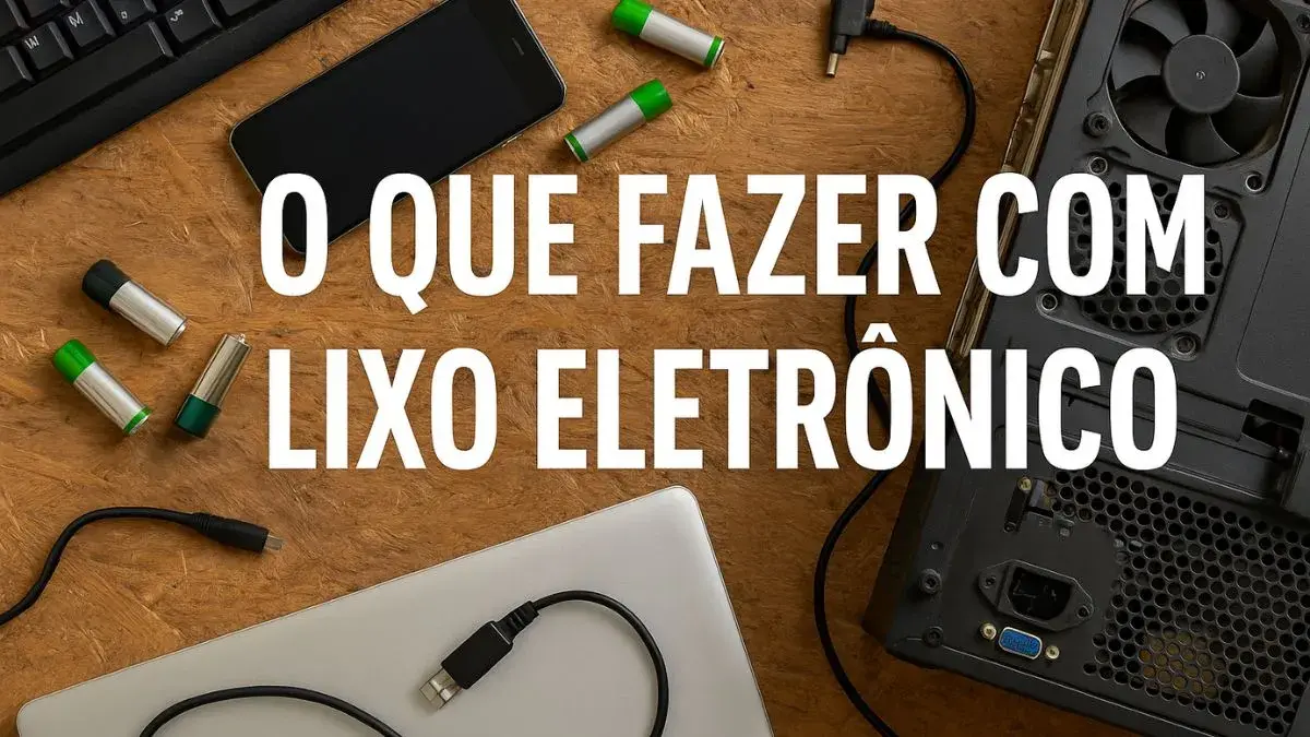 O Que Fazer Com Lixo Eletrônico: Descubra Como Descartar Celular, Pilha E Computador Velho De Forma Sustentável 3 Celulares, Pilhas E Peças De Computador Sobre Uma Mesa De Madeira Com A Frase “O Que Fazer Com Lixo Eletrônico”, Representando A Importância Do Descarte Correto De Resíduos Tecnológicos.