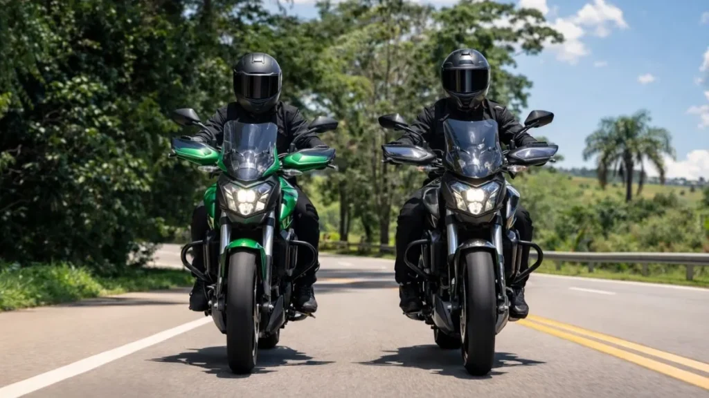 Bajaj Dominar 400 Em Movimento Em Rodovia, Destacando Porte Sport-Touring, Para-Brisa Elevado E Postura Confortável Para Viagens Longas.