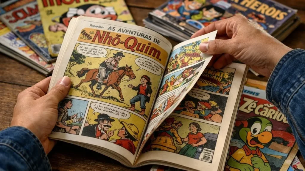 Pessoa Folheia Um Quadrinho Brasileiro Clássico Sobre Uma Mesa, Com Outras Revistas Ao Fundo, Em Cena Que Remete À Origem E À História Dos Quadrinhos No Brasil.