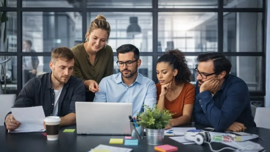 Equipe Corporativa Analisa Dados Em Reunião Estratégica Sobre Saúde Mental E Riscos Psicossociais No Trabalho Após Mudanças Da Nr-01.