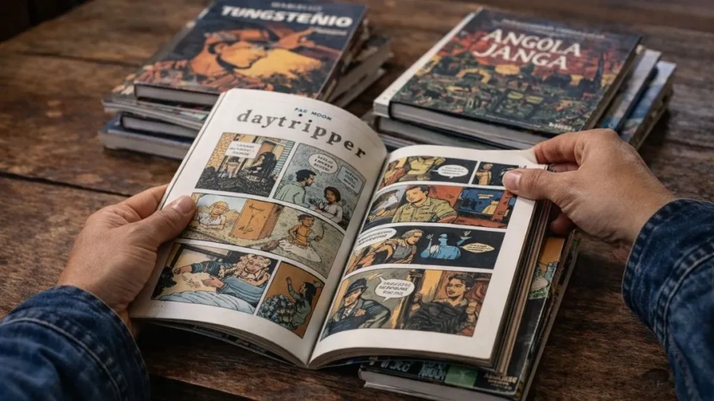 Pessoa Folheia Graphic Novels Brasileiras Sobre Uma Mesa, Com Livros Empilhados Ao Fundo, Em Cena Que Representa O Reconhecimento Cultural Dos Quadrinhos Nacionais.