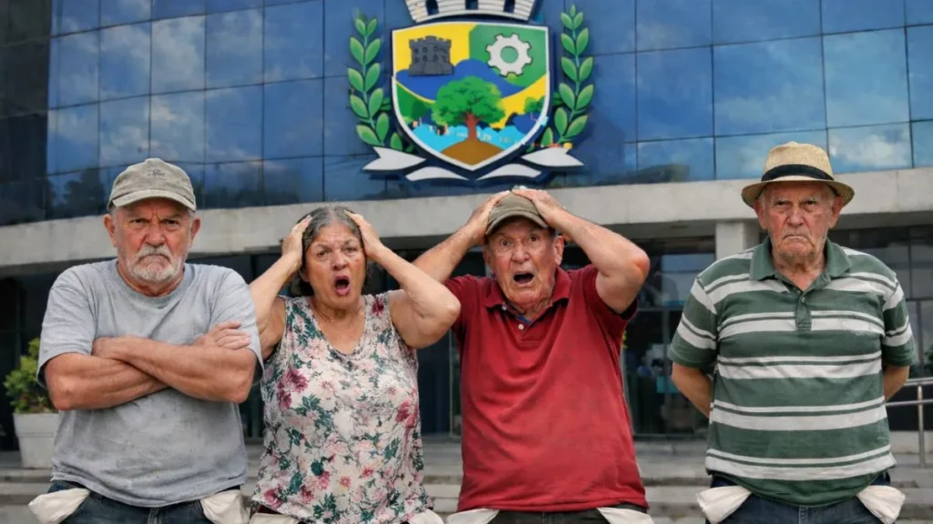 Aposentados Do Iprem De Caieiras Em Frente À Sede Da Prefeitura, Com Expressões De Preocupação, Durante Repercussão Sobre Incertezas No Pagamento De Benefícios