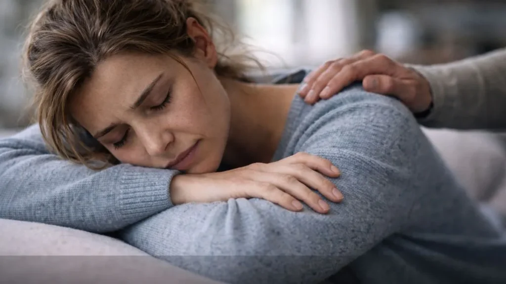 Pessoa Deitada Com A Cabeça Apoiada Sobre Os Braços, Expressão De Cansaço Emocional, Enquanto Recebe Um Gesto De Apoio Com A Mão No Ombro, Transmitindo Acolhimento, Empatia E Cuidado Com A Saúde Mental