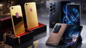 A Imagem Mostra O Contraste Entre Smartphones De Luxo Extremo E Dobráveis Premium Modernos. De Um Lado, Celulares Revestidos Em Ouro E Com Diamantes Incrustados Aparecem Expostos Como Joias, Reforçando O Caráter Exclusivo E Colecionável. Do Outro, Modelos Dobráveis De Última Geração Destacam Telas Flexíveis, Design Sofisticado E Câmeras Avançadas, Simbolizando A Evolução Tecnológica E O Alto Custo Do Segmento Premium Atual