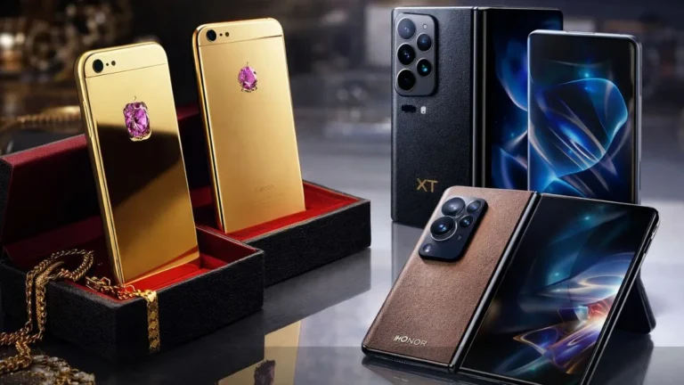 A Imagem Mostra O Contraste Entre Smartphones De Luxo Extremo E Dobráveis Premium Modernos. De Um Lado, Celulares Revestidos Em Ouro E Com Diamantes Incrustados Aparecem Expostos Como Joias, Reforçando O Caráter Exclusivo E Colecionável. Do Outro, Modelos Dobráveis De Última Geração Destacam Telas Flexíveis, Design Sofisticado E Câmeras Avançadas, Simbolizando A Evolução Tecnológica E O Alto Custo Do Segmento Premium Atual