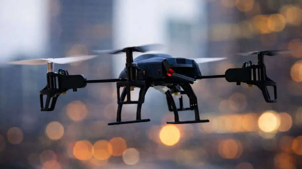 Drone Profissional De Quatro Hélices Sobrevoando Área Urbana, Com Fundo Desfocado E Foco No Equipamento Em Operação Aérea.