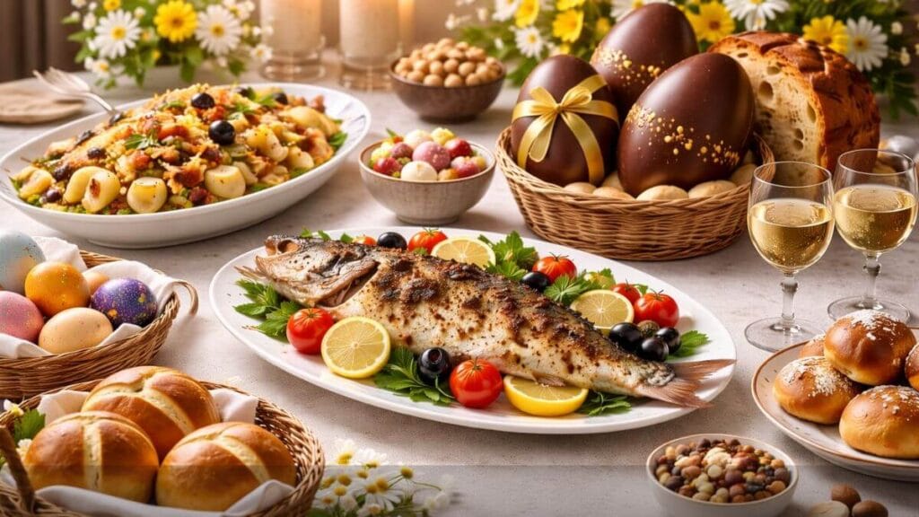 Mesa De Páscoa Elegante E Organizada, Com Pratos Cuidadosamente Dispostos, Peixe Preparado De Forma Sofisticada, Pães Artesanais E Doces Tradicionais, Criando Um Ambiente Acolhedor, Refinado E Representativo Da Celebração Pascal