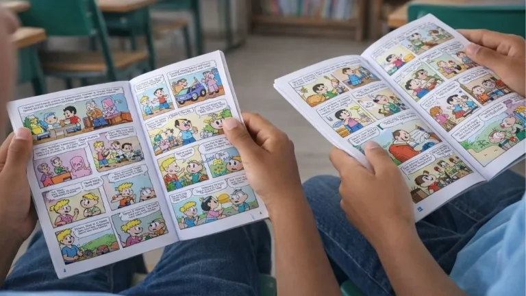 Crianças Sentadas Em Ambiente Escolar Lendo Histórias Em Quadrinhos Brasileiras, Mostrando O Uso Dos Gibis Como Ferramenta De Leitura E Aprendizado.