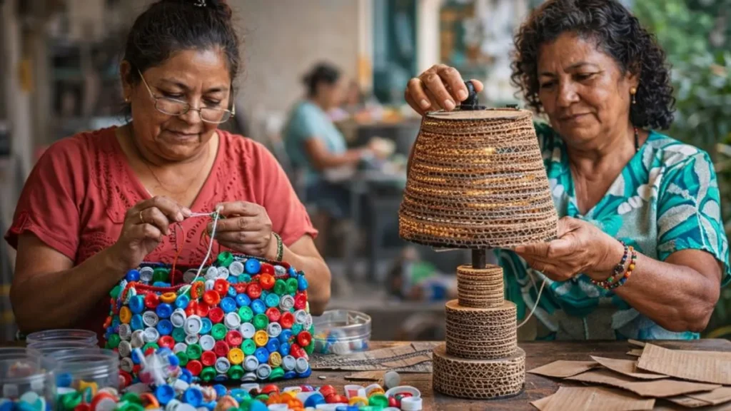 Reciclagem No Brasil: Como O Lixo Virou Renda, Trabalho E Oportunidade Para Milhares De Famílias 2 Mulheres Trabalham Com Reciclagem Artesanal, Separando Materiais Recicláveis E Produzindo Bolsas Com Tampinhas E Peças Decorativas Com Papelão