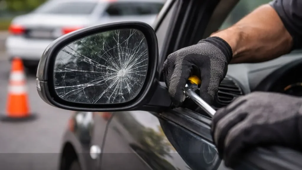 Retrovisor Lateral Quebrado, Com O Vidro Estilhaçado Em Destaque. Ao Fundo, Desfocado, Um Agente De Trânsito Preenche Uma Multa, Reforçando A Ideia De Fiscalização E Irregularidade Do Veículo