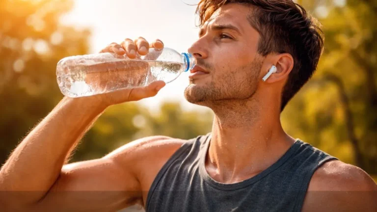 Pessoa Saudável, Se Hidrata Com Uma Garrafa De Água Em Um Dia De Calor Intenso. O Suor No Rosto E A Luz Solar Forte Reforçam A Sensação De Verão, Bem-Estar E Cuidado Com A Saúde