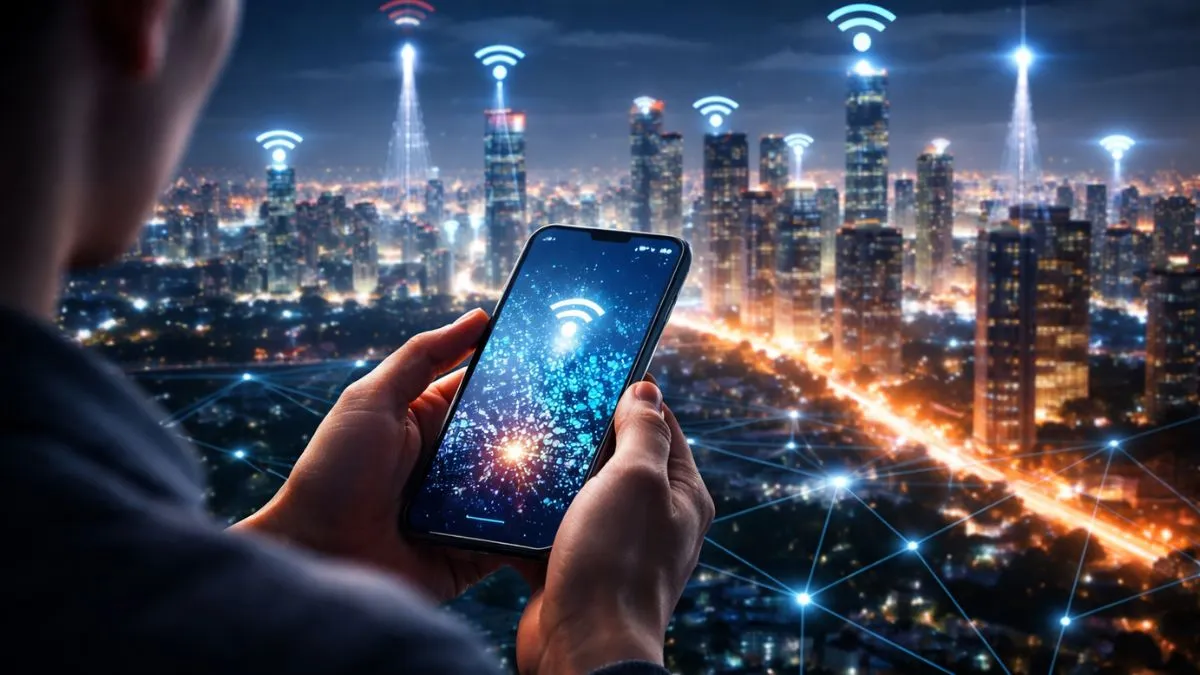 Pessoa segurando smartphone conectado ao 5G com cidade moderna iluminada ao fundo e sinais de rede representando conectividade digital