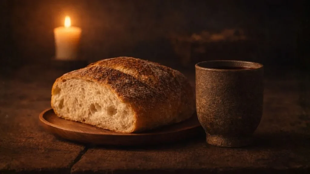 Pão Rústico E Vinho Dispostos Sobre Mesa De Madeira À Luz De Velas, Simbolizando A Tradição Da Páscoa E Suas Raízes Históricas No Judaísmo E No Cristianismo.