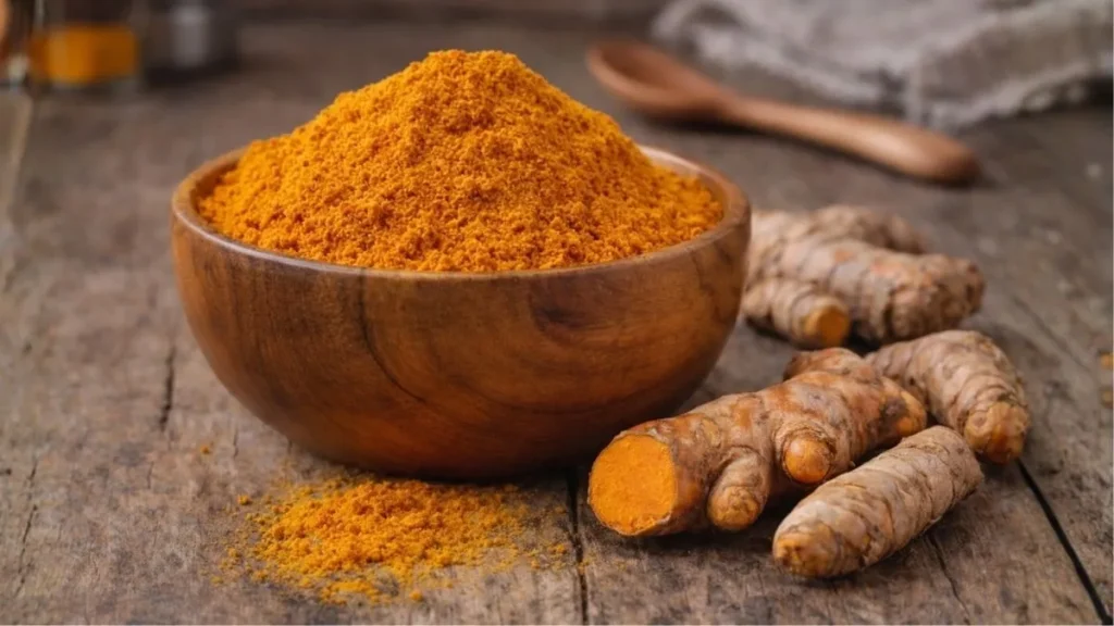 Açafrão-Da-Terra Em Pó Em Bowl De Madeira, Com Raízes Frescas Ao Lado, Sobre Bancada De Cozinha, Ilustrando O Uso Do Ingrediente Na Alimentação Cotidiana.