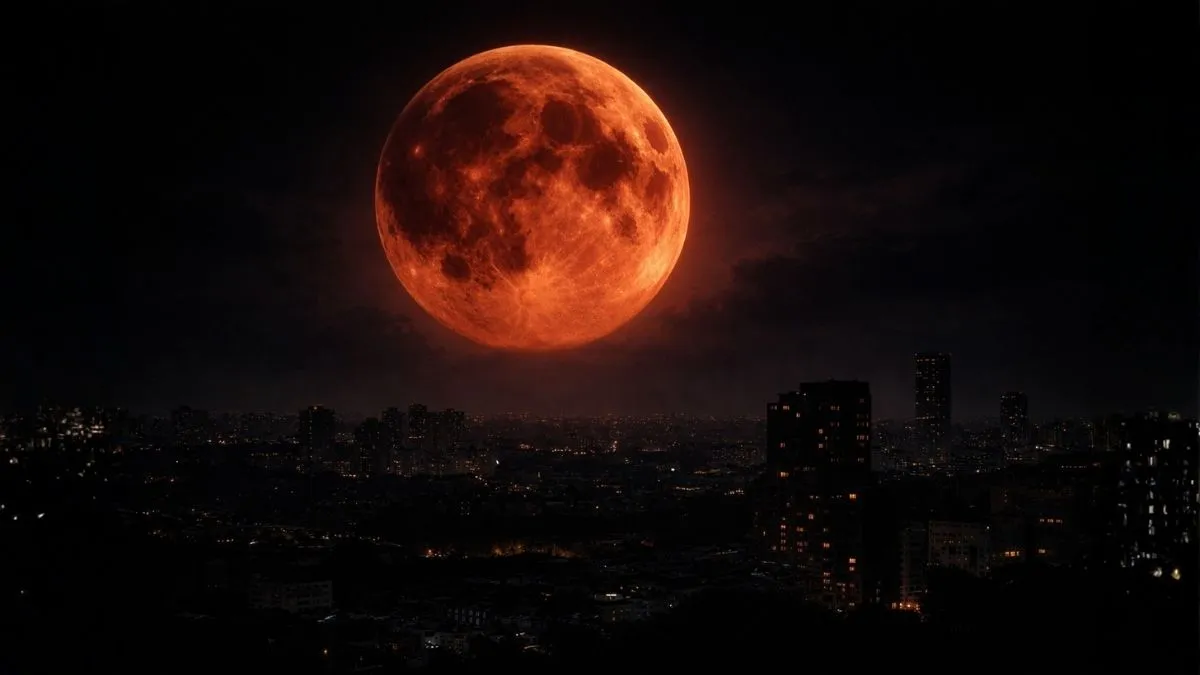 Eclipse lunar total com Lua avermelhada conhecida como Lua de Sangue sobre cidade iluminada durante a noite