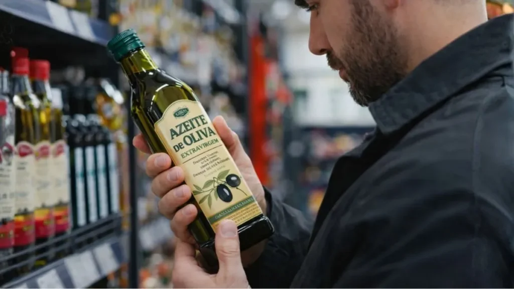 Homem Analisa Rótulo De Azeite De Oliva Extravirgem Em Supermercado, Observando Informações De Origem, Tipo E Qualidade Do Produto