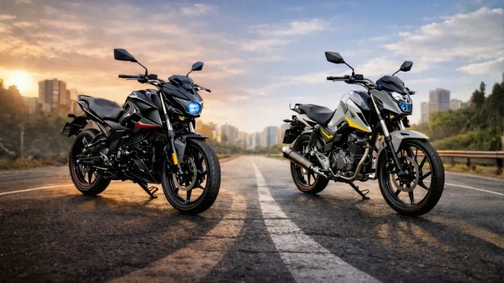 Duas Motos 160Cc Posicionadas Lado A Lado Em Avenida Urbana Ao Amanhecer, Destacando Design Esportivo E Proposta Urbana Premium.