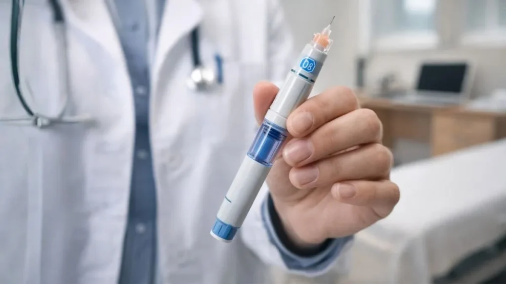 Caneta Injetável Utilizada Em Tratamento Médico, Em Ambiente Clínico, Representando Medicamentos Para Controle De Peso Com Prescrição.