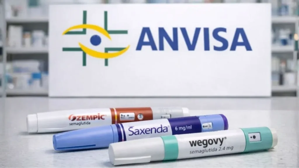 Canetas Emagrecedoras Ozempic, Saxenda E Wegovy Diante Do Logotipo Da Anvisa, Destacando Medicamentos Com Registro Sanitário No Brasil.