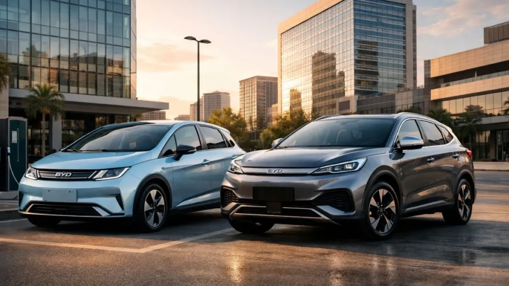 Carros Elétricos Byd Dolphin E Byd Yuan Plus Estacionados Em Ambiente Urbano Moderno Destacando O Crescimento Dos Veículos Elétricos No Brasil