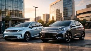Carros Elétricos Byd Dolphin E Byd Yuan Plus Estacionados Em Ambiente Urbano Moderno Destacando O Crescimento Dos Veículos Elétricos No Brasil
