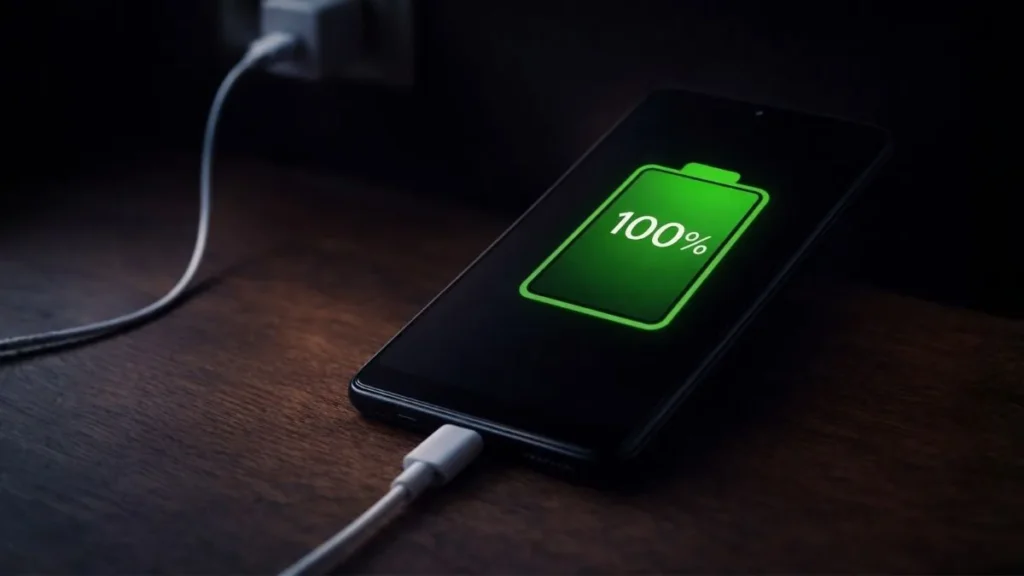 Celular Carregando Com Bateria Em 100% Conectado À Tomada Sobre Mesa Escura, Representando Autonomia E Longa Duração