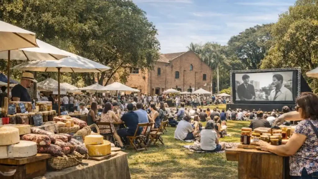 Público Reunido Nos Jardins Da Cinemateca Brasileira Durante Feira Gastronômica Com Bancas De Produtos Artesanais E Exibição De Filme Ao Ar Livre Na Vila Mariana, Em São Paulo.
