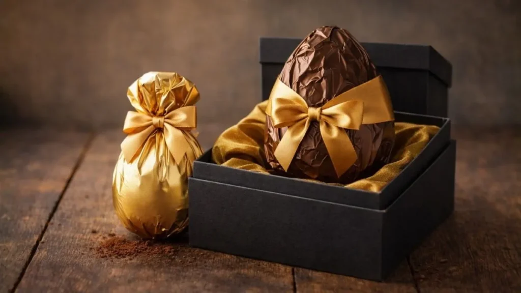 Como O Ovo Virou O Símbolo E A Tradição Mais Forte Da Páscoa 4 Ovo De Páscoa De Chocolate Premium Embrulhado Em Papel Brilhante Com Laço Dourado Dentro De Caixa Elegante, Ao Lado De Ovo Decorado Tradicional Sobre Mesa De Madeira Rústica.