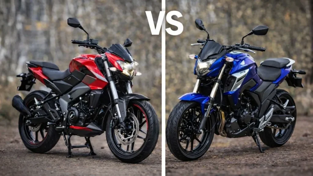 Comparação Visual Entre Bajaj Ns200 E Yamaha Fazer 250 Lado A Lado, Separadas Por Faixa Branca Central Com “Vs”, Destacando Design Frontal, Suspensão E Proposta Street Das Duas Motos.