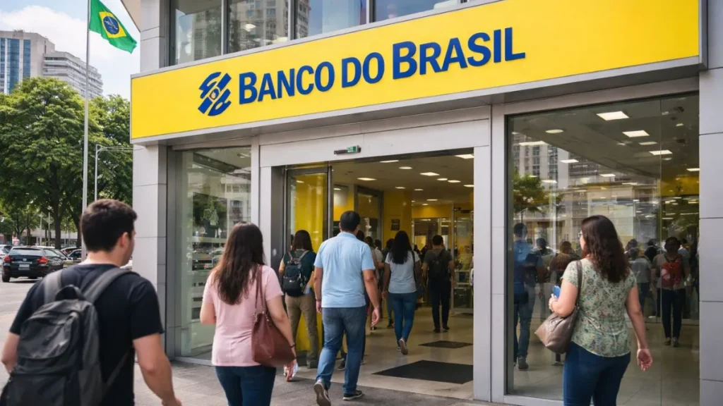 Concurso Banco Do Brasil 2026 Avança E Edital Pode Sair Em Breve Com Vagas Em Todo O País 4 Agência Do Banco Do Brasil Com Fachada Amarela E Azul E Pessoas Entrando No Prédio, Representando Oportunidade De Emprego E Novo Concurso Público Nacional
