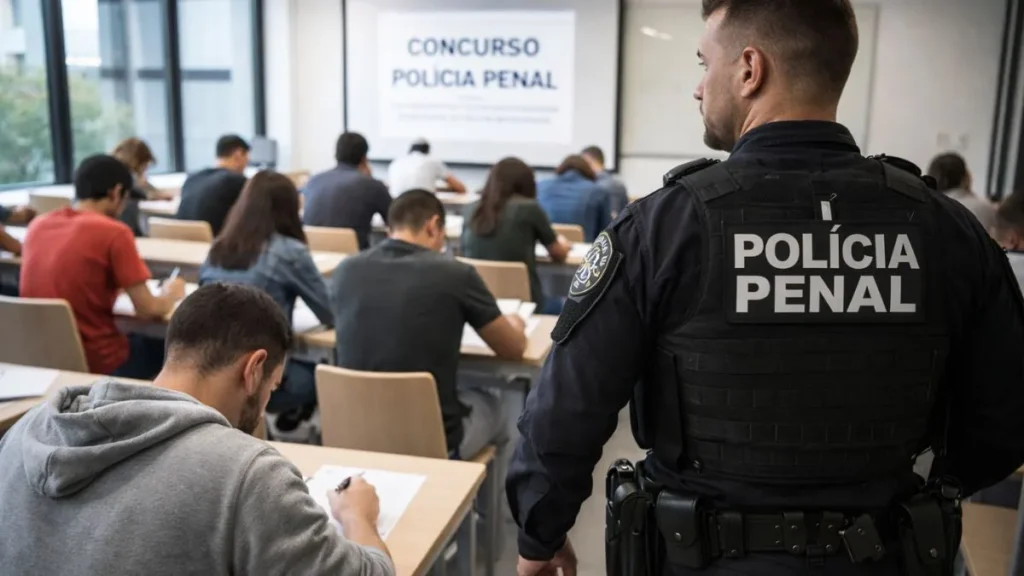 Candidatos Fazem Prova De Concurso Em Sala Moderna Sob Supervisão De Agente Da Polícia Penal Em Ambiente Educacional Realista