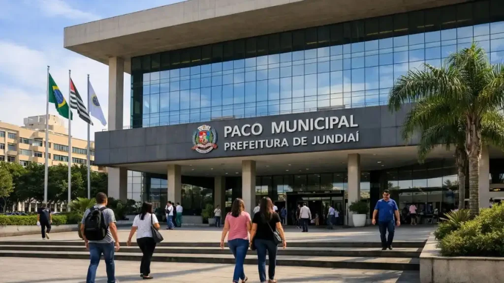 Fachada Do Paço Municipal Da Prefeitura De Jundiaí Com Pessoas Caminhando Na Entrada Do Prédio Administrativo Da Cidade Em Dia Ensolarado.