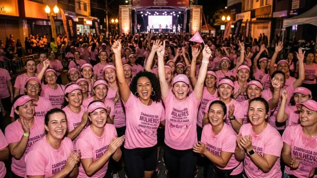 Mulheres Participam De Corrida Noturna Em Franco Da Rocha, Vestindo Camisetas Rosas E Comemorando Juntas Durante Evento Do Mês Da Mulher.