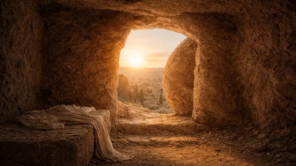 Interior De Um Túmulo Vazio Com Entrada De Pedra Aberta E Luz Suave Do Amanhecer Iluminando O Ambiente Rochoso, Simbolizando A Ressurreição De Jesus E A Vitória Sobre A Morte.