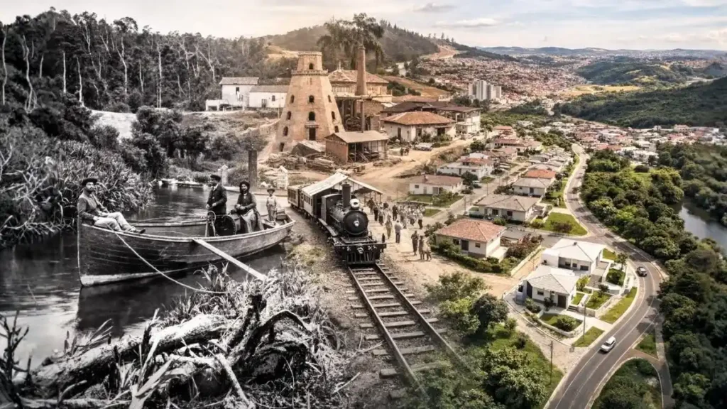 Montagem Panorâmica Mostrando A Evolução De Caieiras, Com Barco No Rio Juquery Em Preto E Branco À Esquerda, Locomotiva E Fábrica No Centro E Vista Aérea Colorida Da Cidade Moderna À Direita.